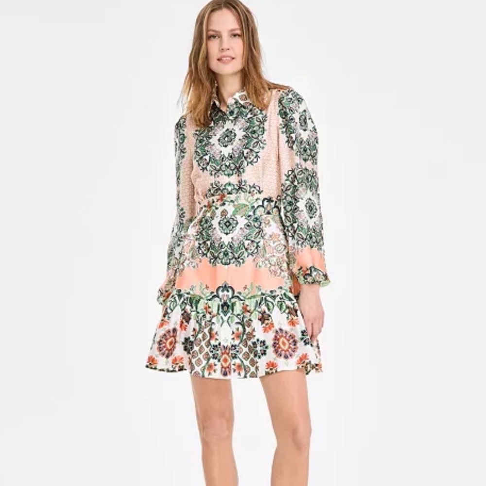 Anne Klein Shirtdress Women 4P New Meadow Green Multi Paisley Tiered MSRP $139
